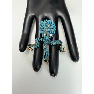 Vintage Sea Octopus Pendant Turquoise Glass Bead Cluster Gold Tone & Rhinestone